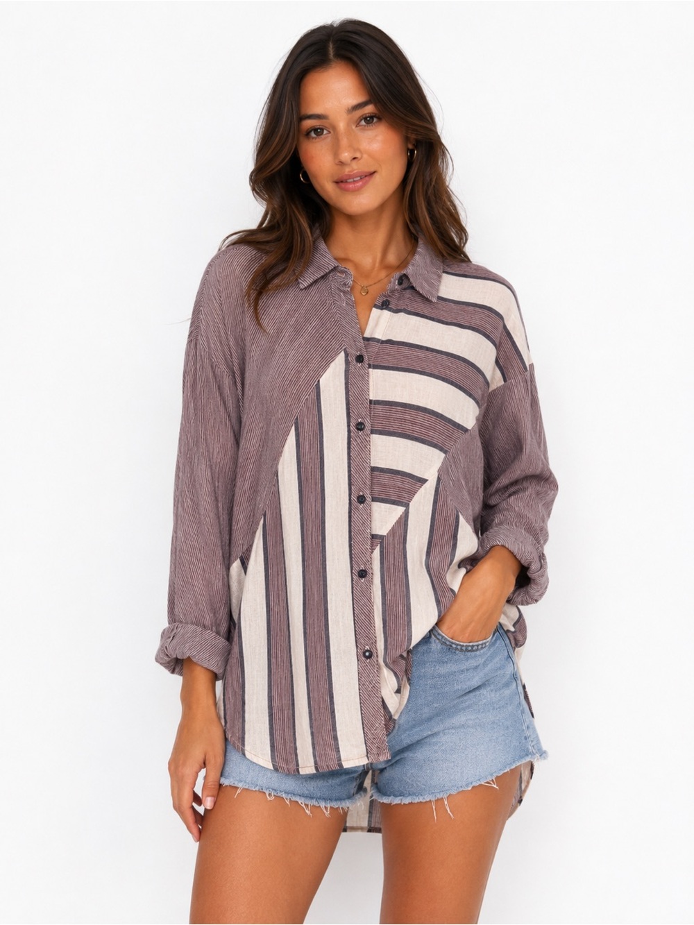 Topshop Women's Striped Long Sleeve Button-Down Shirt with split hem, Size 10